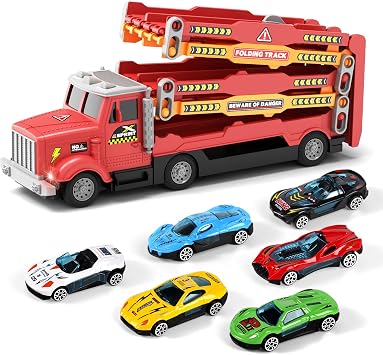 HONGTUO Toy Truck for Kids, Truck Race Track Set with 6 Cars, 2-Player Mode