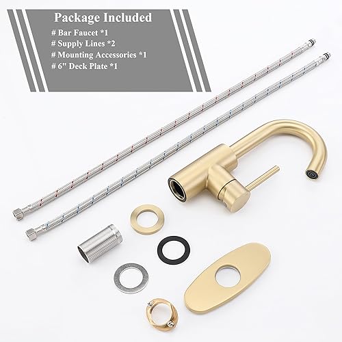 Miniatura 7 de Grifo de barra dorada de un solo agujero, grifo de fregadero de barra de oro cepillado con placa de cubierta y líneas de suministro, grifo de