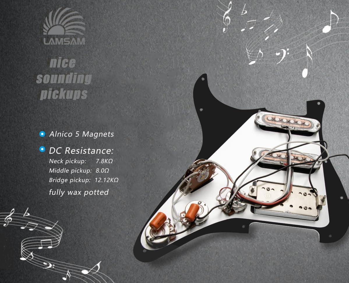 Prewired Pickguard with SSH Pickup Set, 3-ply Pick Guard Loaded Alnico V Single Coil Humbucker Pick-ups, Electric Guitar Scratchplate as Luthier Replacement Parts, Black-03