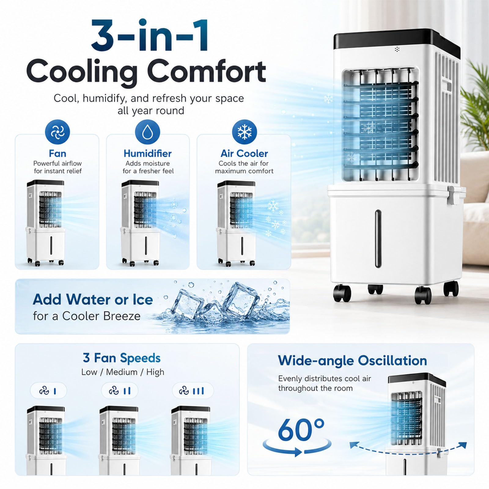 Generico 3-in-1 Ventilatore Portatile con Telecomando, 12L Raffrescatore Evaporativo d'Aria, Sistema di Raffreddamento per Soggiorno e Ufficio, Timer 12H & Setti Ghiaccio