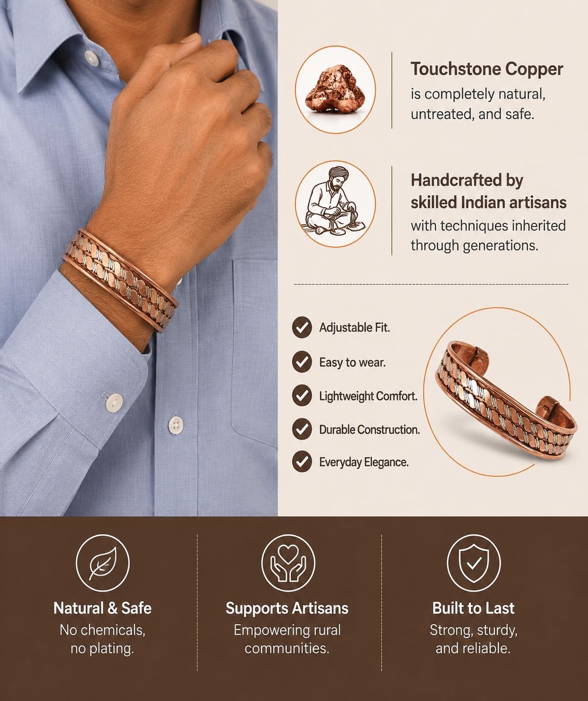 Copper Bracelet Tibetan Style. Hand Forged with Solid and High Gauge Copper Jewelry Cuff for Women Men. Combo of Different Designs