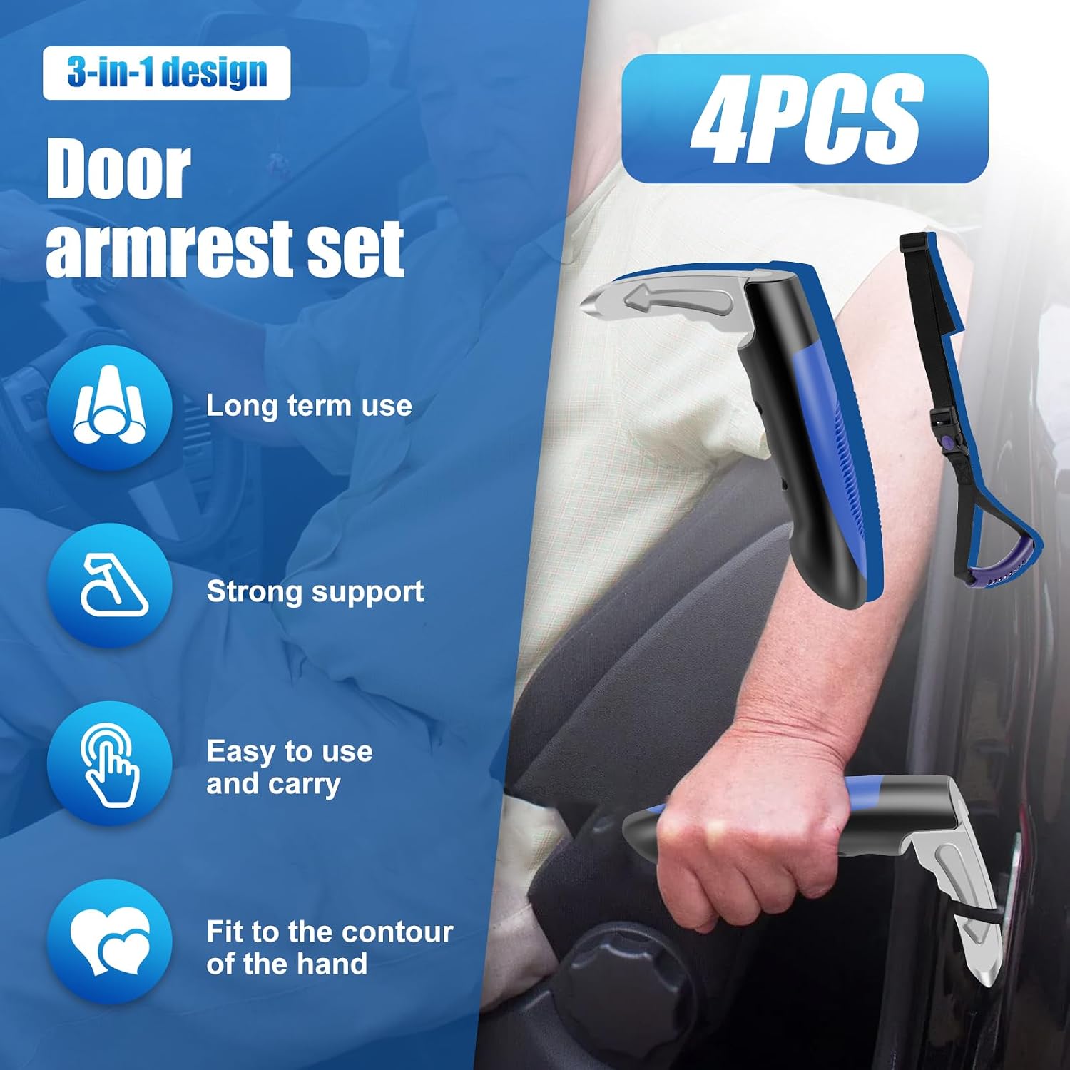 2 Pack Car Door Handle for Elderly, Multifunctional Car Handle Assist with Straps, Portable Non-Slip Vehicle Support Handle Auto Cane for Seniors and Handicapped, Blue image 3