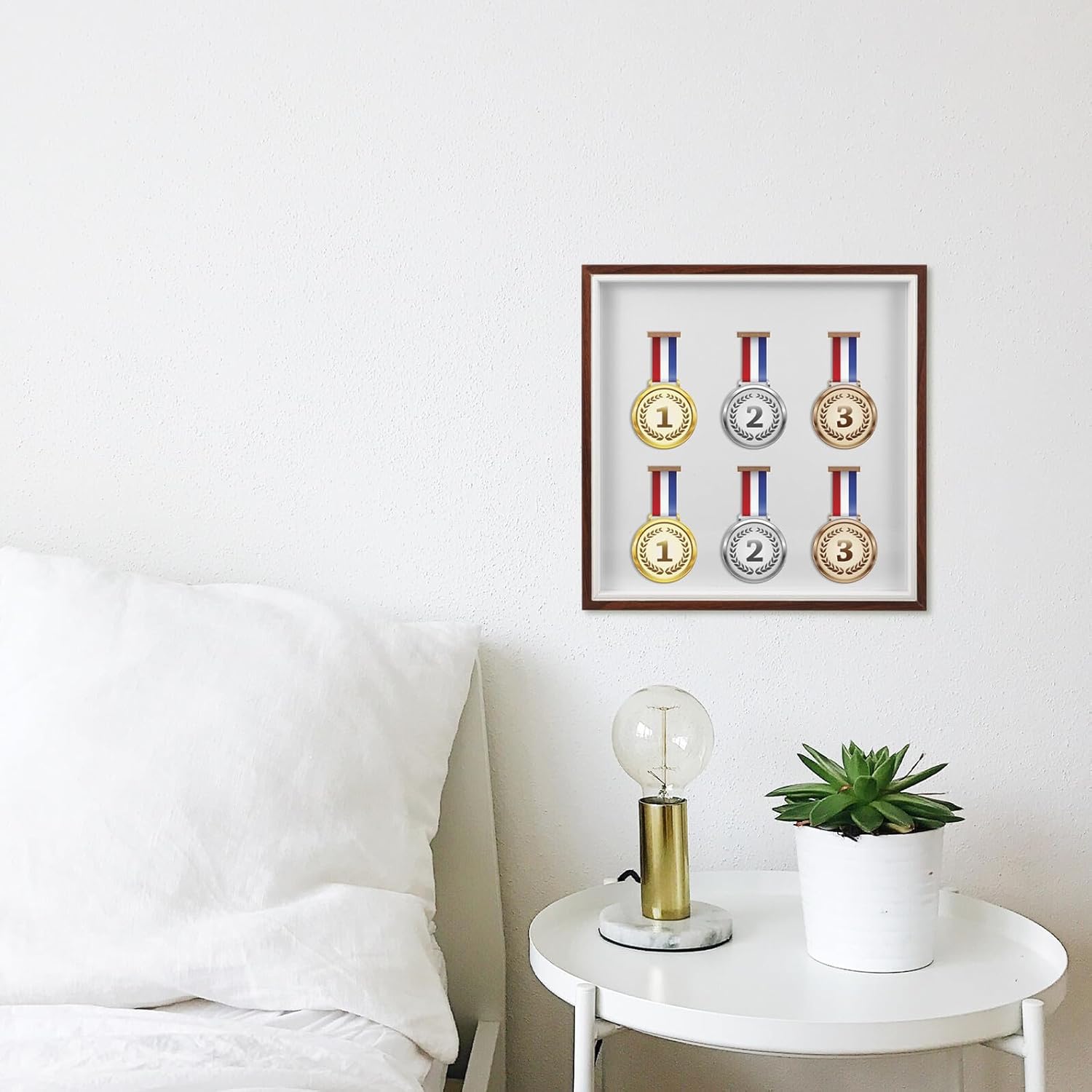 Wakauto Medal Display Frame and Wooden Medal Holder 30x30cm Shadow Box with Wall Mount for Marathon Awards and Badge Display Home Décor