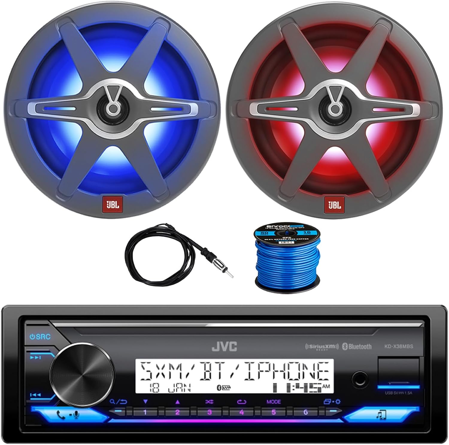 Single DIN Marine Bluetooth AM/FM Stereo Receiver, 2X 8 450 Watt 2-Way Multicolor LED Outdoor Audio Speakers, Radio Antenna, Wire