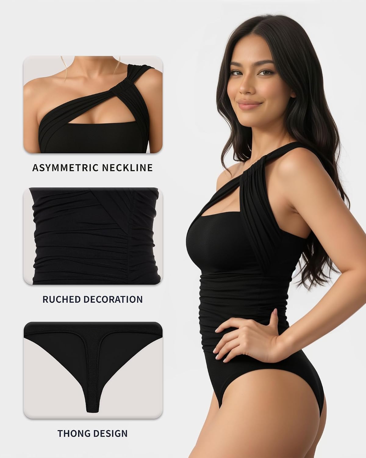 MANGOPOP Women's Asymmetrical One Shoulder Thong Bodysuits Mesh Ruched Backless Body Suit Sexy Going Out Tops