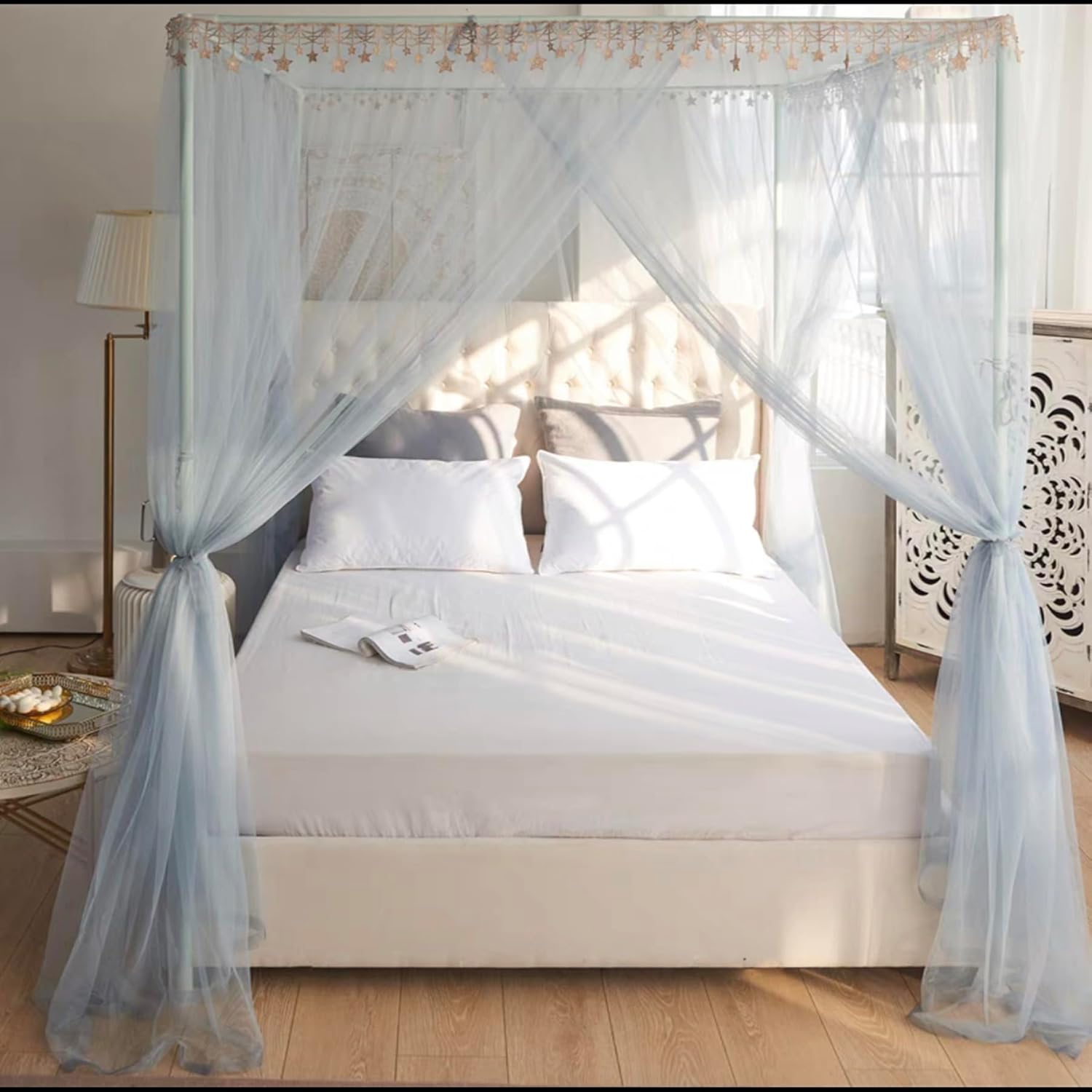 Fabric Bed Drapes Mesh Protection Canopy Shielding Netting, King Size Queen Twin Size Mosquito Net Canopy，Mosquito Net Bed Frame Canopy Bed Frame Post Poles 4 Corners Canopy Bed Frame Post P