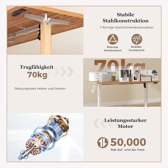 Klicelor Height-adjustable desk 100 x 60 cm with 2 storage spaces Electric Desk Standing Desk with Collision Protection 70 kg Load Capacity Computer Desk Home Office Light Brown