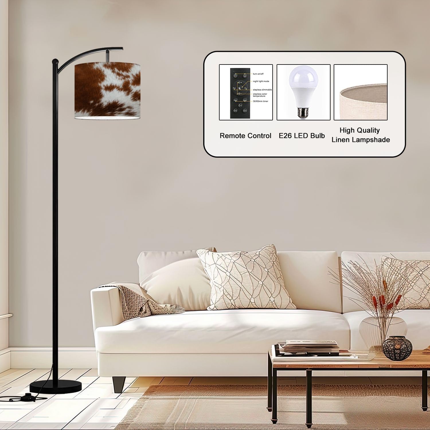 Arc Floor Lamp Cow Fur Modern Tall Standing Lamp Dimmable with Remote Adjustable Drum Shade Footswitch for Living Room Bedroom Office