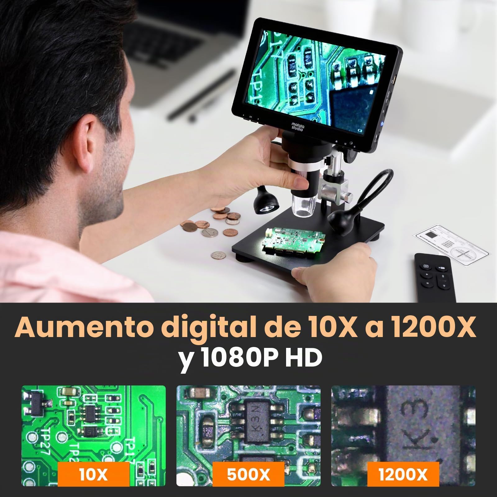Microscopio Digital MT2 1200X HDMI con Pantalla IPS HD de 7'', Microscopio de Soldadura con Lupa para Monedas 1080P para Niños y Adultos, 10 Luces LED, Compatible con TV/Windows/Mac OS