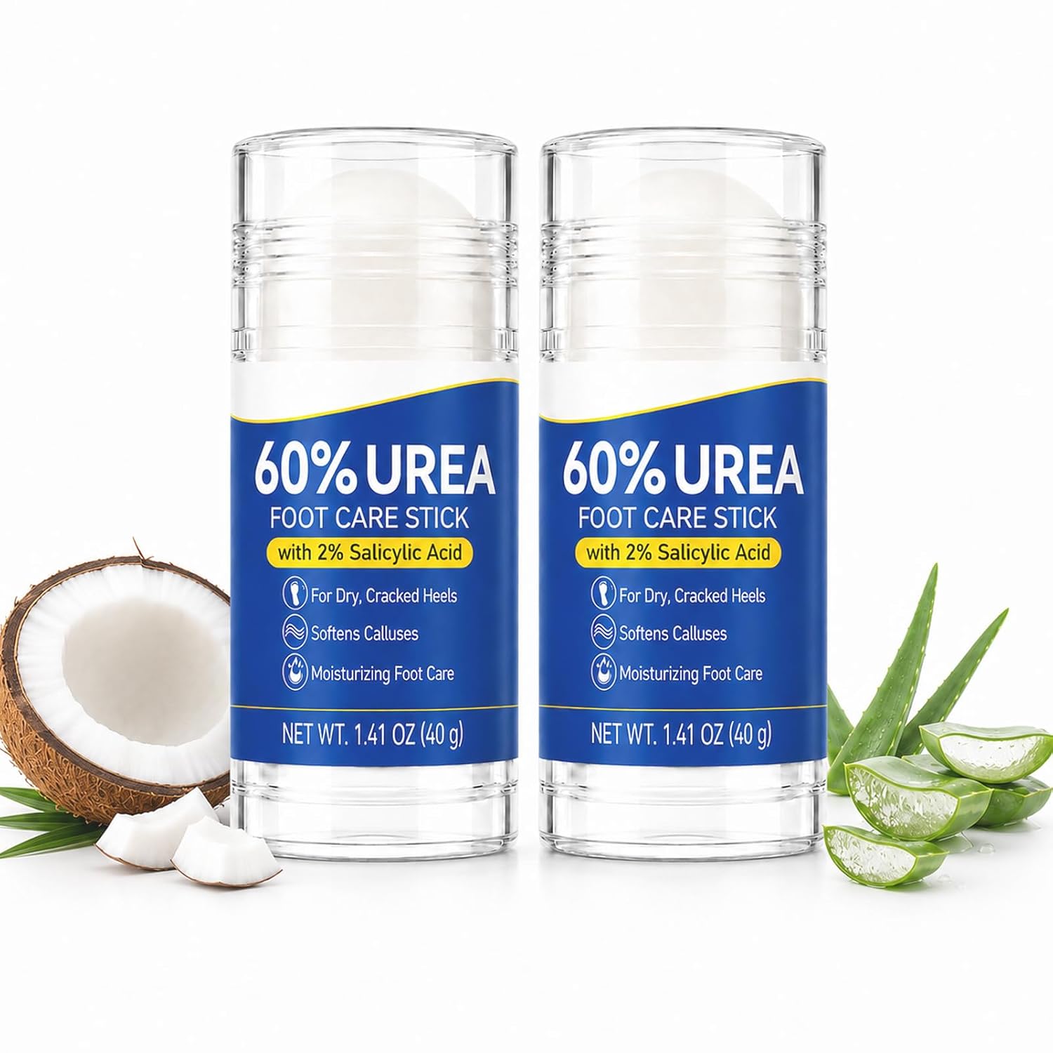 60% Urea with 2% Salicylic Acid Urea Foot Care Stick, 2 PCS Foot Cream Moisturizer for Dry Cracked Feet, Knees, Elbows and Hands, Heel Stick Moisturizes Rough Skin, Softens Calluses, Gently Exfoliates