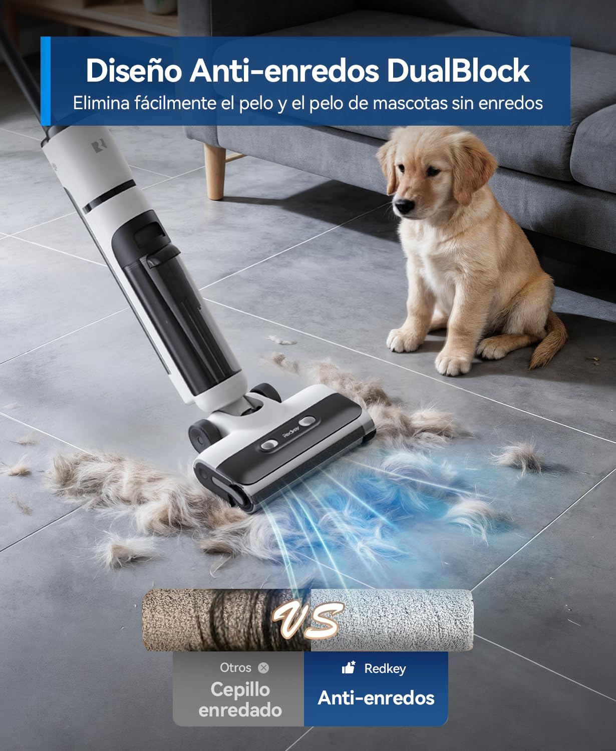 Redkey W13SE Aspiradora Fregadora sin Cable, 75 min Máx., 23KPa Aspiradora en Seco y Húmedo, Autolimpieza, Doble depósito, Aviso por Voz LED, Adecuado para Suelos Duros y Pelos de Mascotas