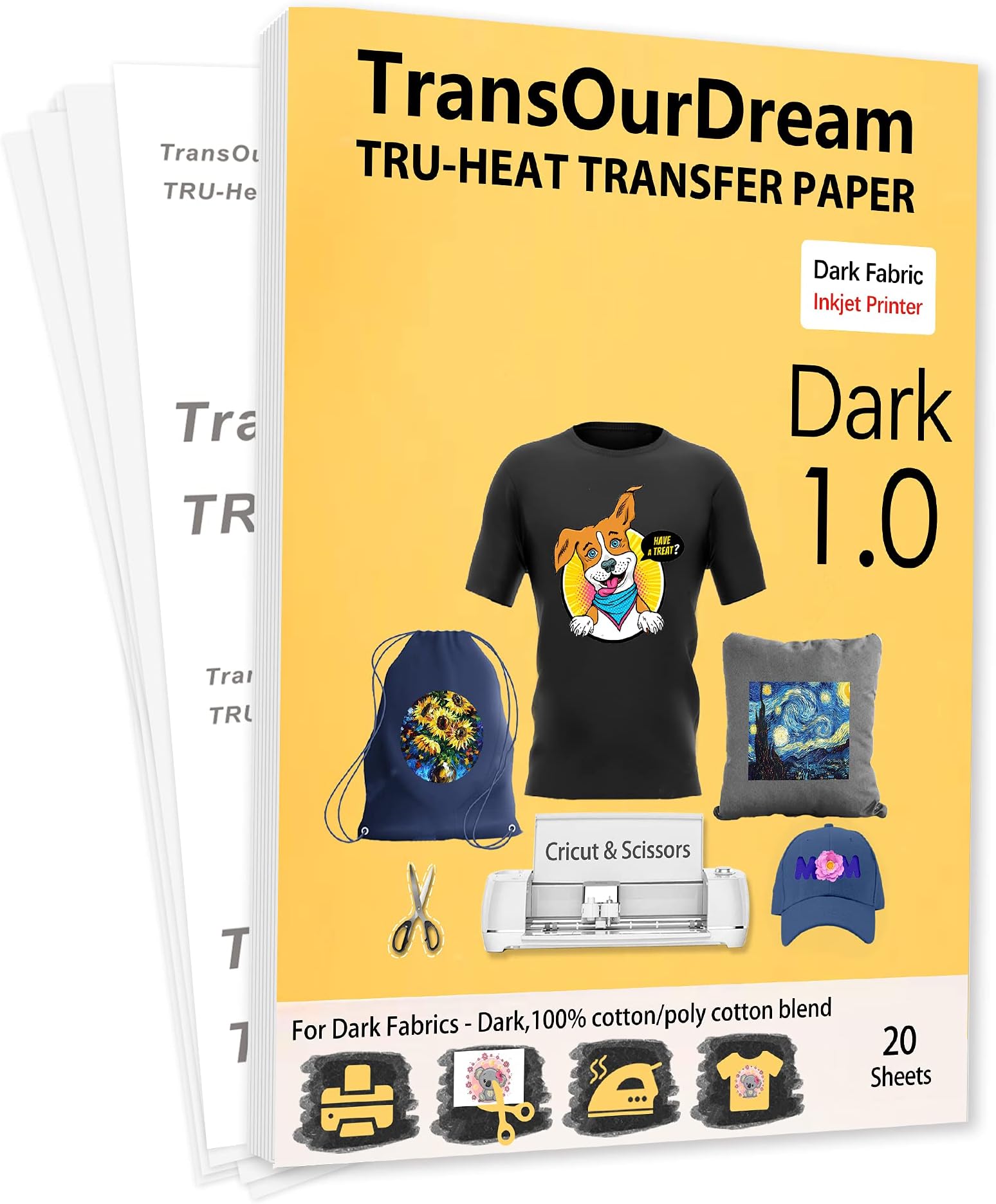 Tru-Heat Transfer Paper for Dark T Shirts & Fabrics 20 Sheets A4 Iron On Transfer Paper with Inkjet Printer Easy to Cricut Bright Colors Printable htv (TRANS-07)