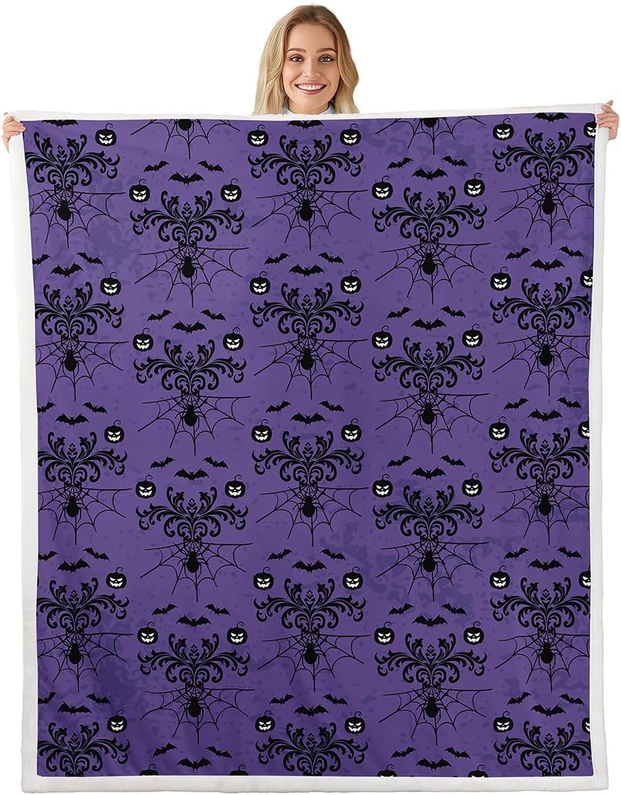 Halloween Bats Throw Blanket,Gothic Floral Dark Purple Bed Plush Blanket for Living Room Decor,Women Teens Spider Web Print Couch Bed Sofa Soft Cozy Kids Adults Teen Fleece 90"x90"