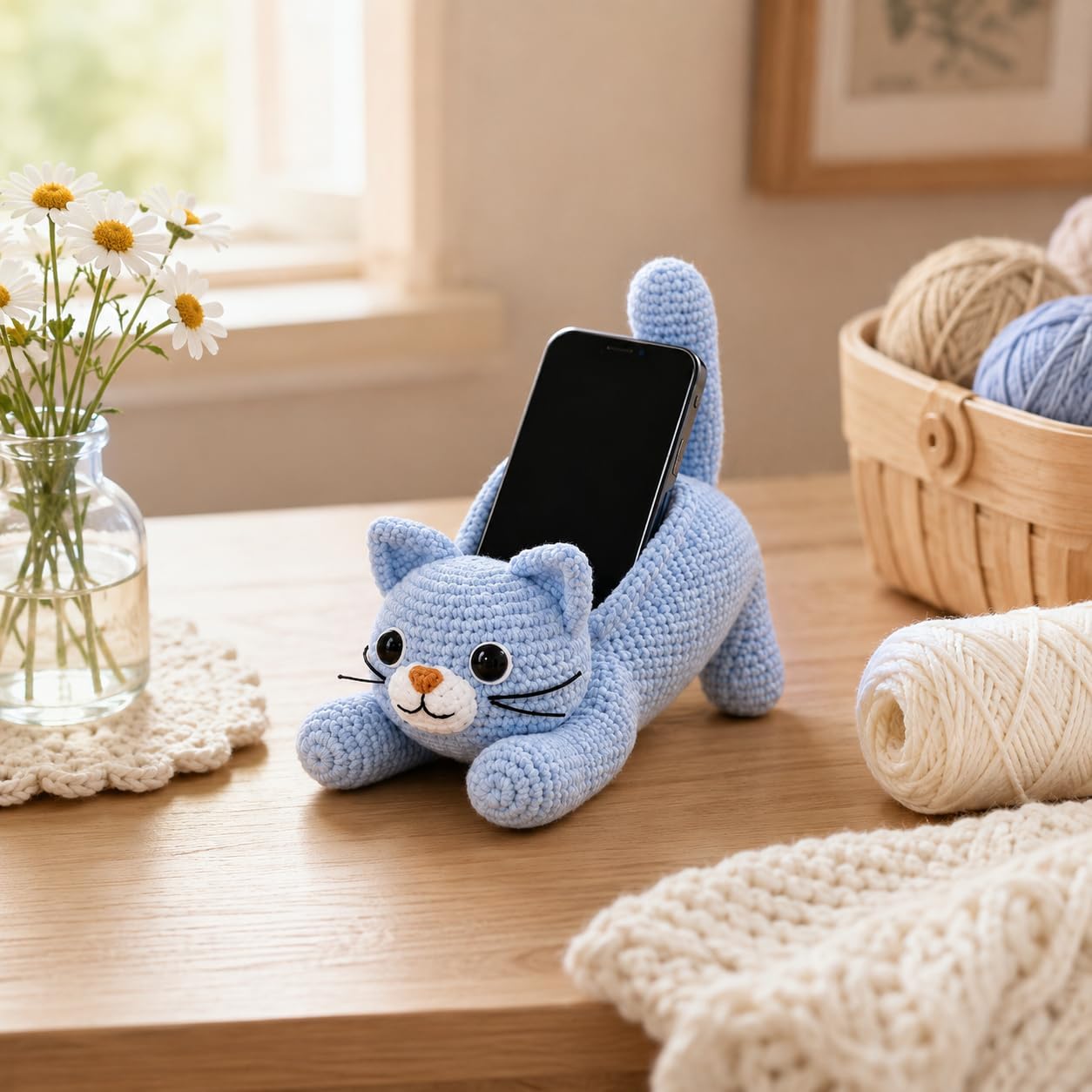 Beginner Crochet Kit for Adults & Teens, Cute Cat Phone Holder Amigurumi Crochet Kit, Complete DIY Craft Supplies with Instructions, Animal Cell Phone Stand Starter Kit, Handmade Desk Decor Gift