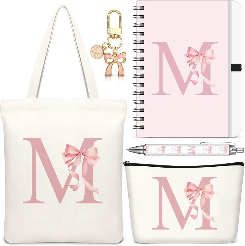 Talltalk Conjunto com 5 peças com inicial M, bolsa tote, necessaire, chaveiro, caderno e caneta