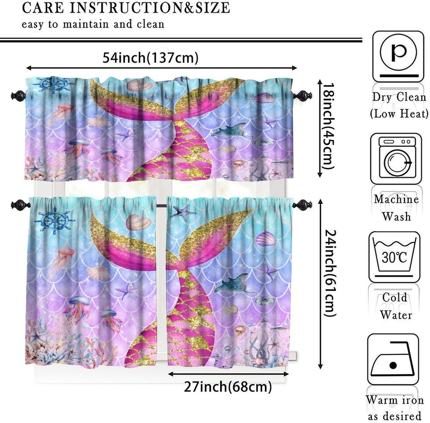 Mermaid Kitchen Curtain,Kids Ocean Pink Scale Tail Seashell Jellyfish Anchor Print 3Pcs for Bedroom Dining Room Cafe Office Living Room Drapes,54 x 18 in + 27 x 24 in*2