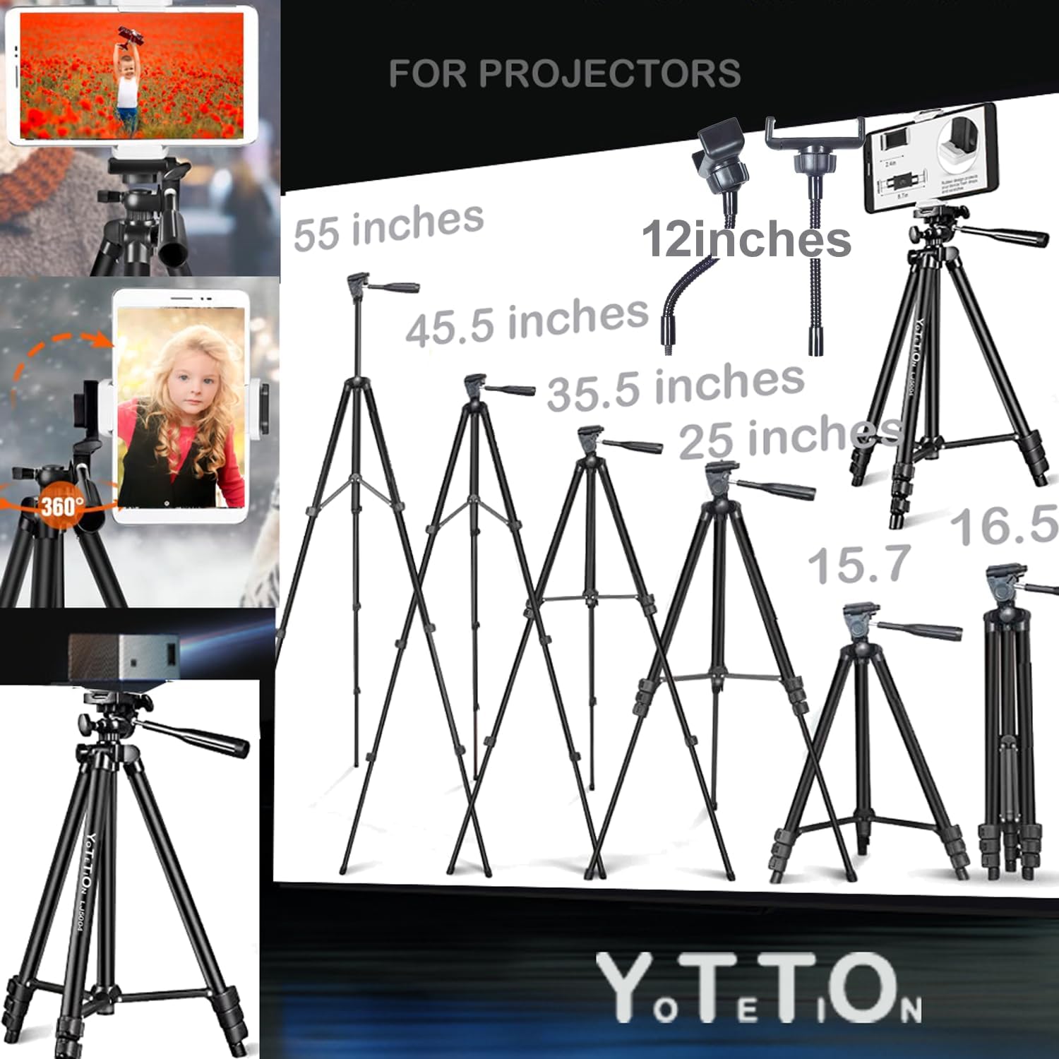 65" Aluminum Phone & Camera Tripod with Gooseneck Stand, Extendable Cell Phone Tripod Stand Compatible with iPhone/Android/Action Camera is Perfect for Live Streaming/Video Recording/Selfies