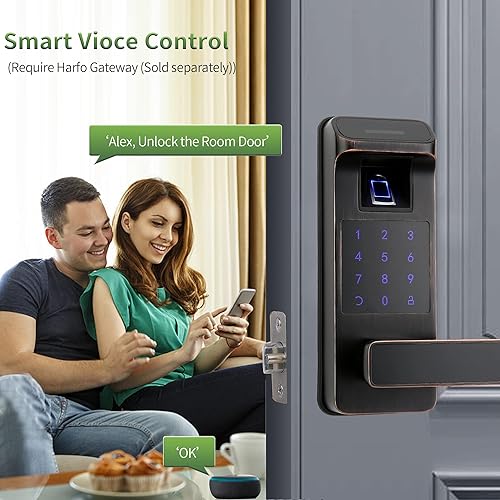 Vista 4 de Harfo Cerradura inteligente para puerta, resistente 5 en 1, cerradura de puerta de entrada sin llave, bloqueo de teclado digital con control