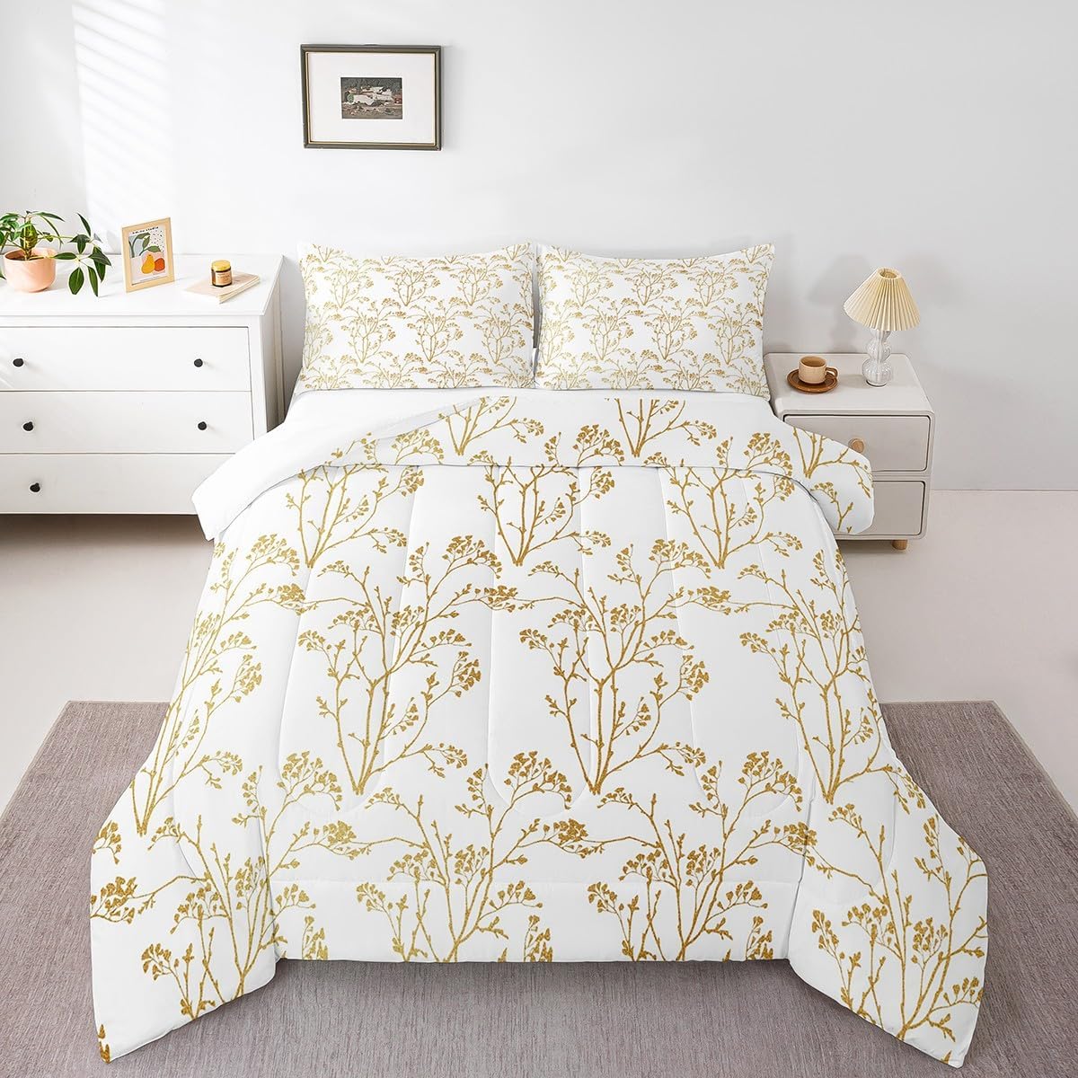 Feelyou Metallic Branch Bedding Set White Gold Tree Branches Full Size for Adult Boys Girls Duvet Set Botanical Decor Comforter Set Glitter Gold Foil Quilt Set 3Pcs