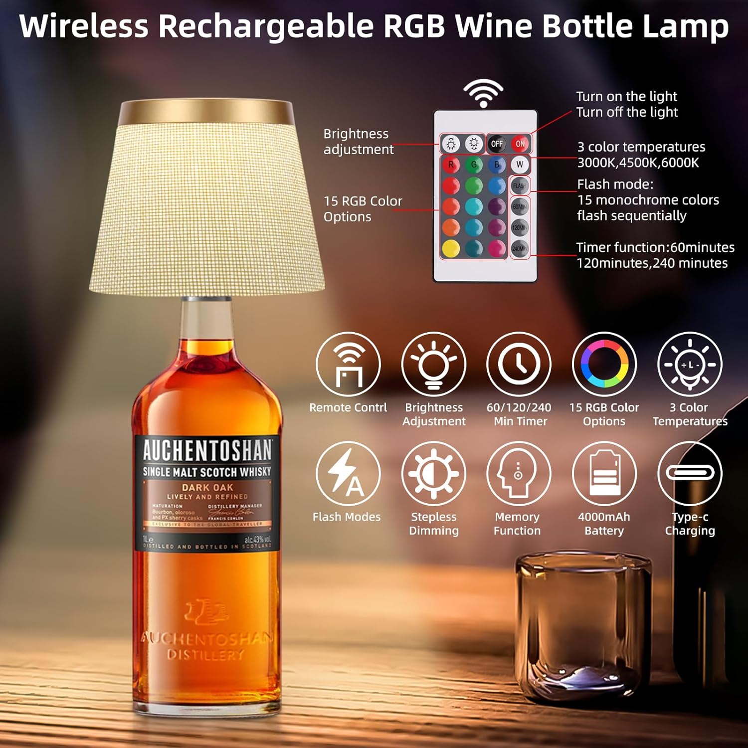 Wireless Linen-Covered Bottle Lamp, Wine Bottle Lamps with RGBW Touch Dimmable Bottle Lights, 4000mAh Rechargeable LED Bottle Lamp Lights for Bedroom Bar Restaurant Home Decor (Gold)