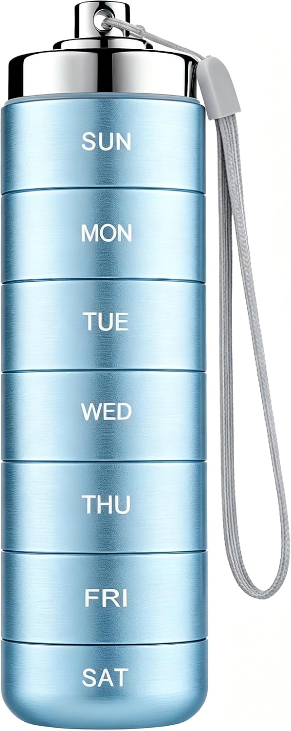 7-Day Weekly Pill Organizer, Waterproof Aluminum Travel Case, Blue