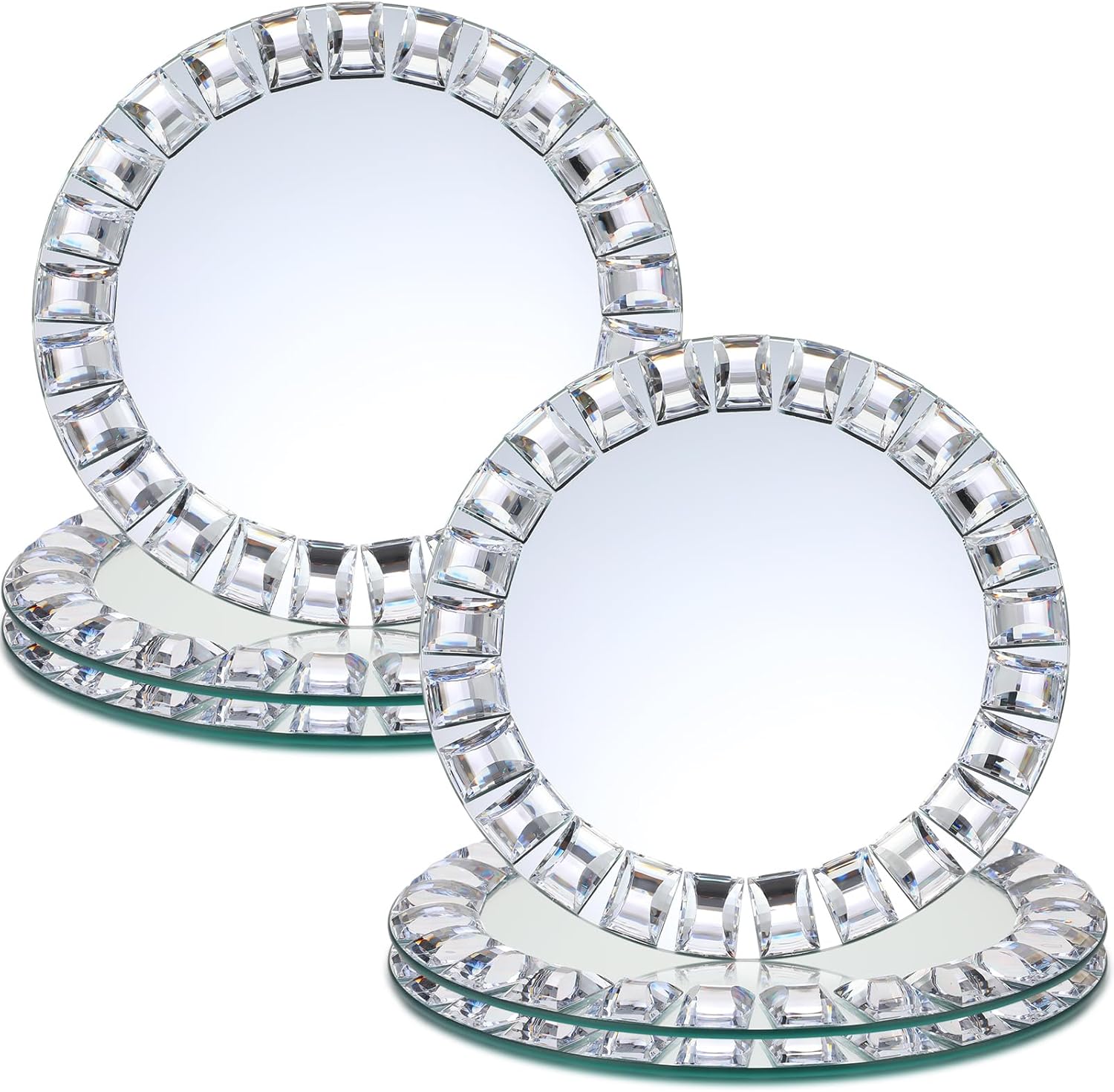 Suclain 6 Pcs Mirrored Glass Charger Plates 13 Inch Silver Mirror Plates Round Chargers for Dinner with Diamond Rim Settings for Wedding Birthday Party Events (Square Diamond Rim)
