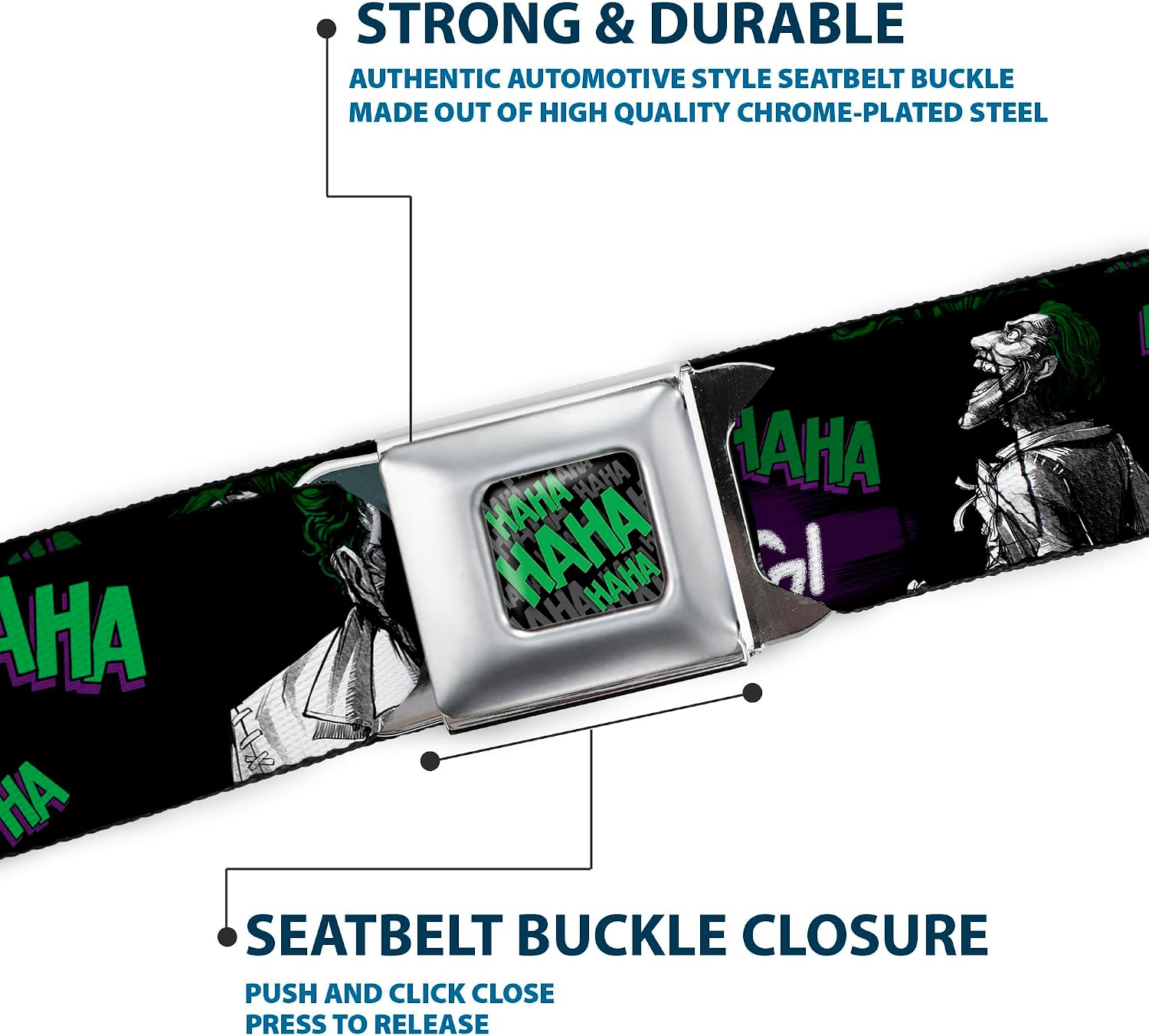 Buckle-Down Seatbelt Belt - Joker DIE LAUGHING! HAHA Black/Purple/Green - 1.0" Wide - 20-36 Inches in Length