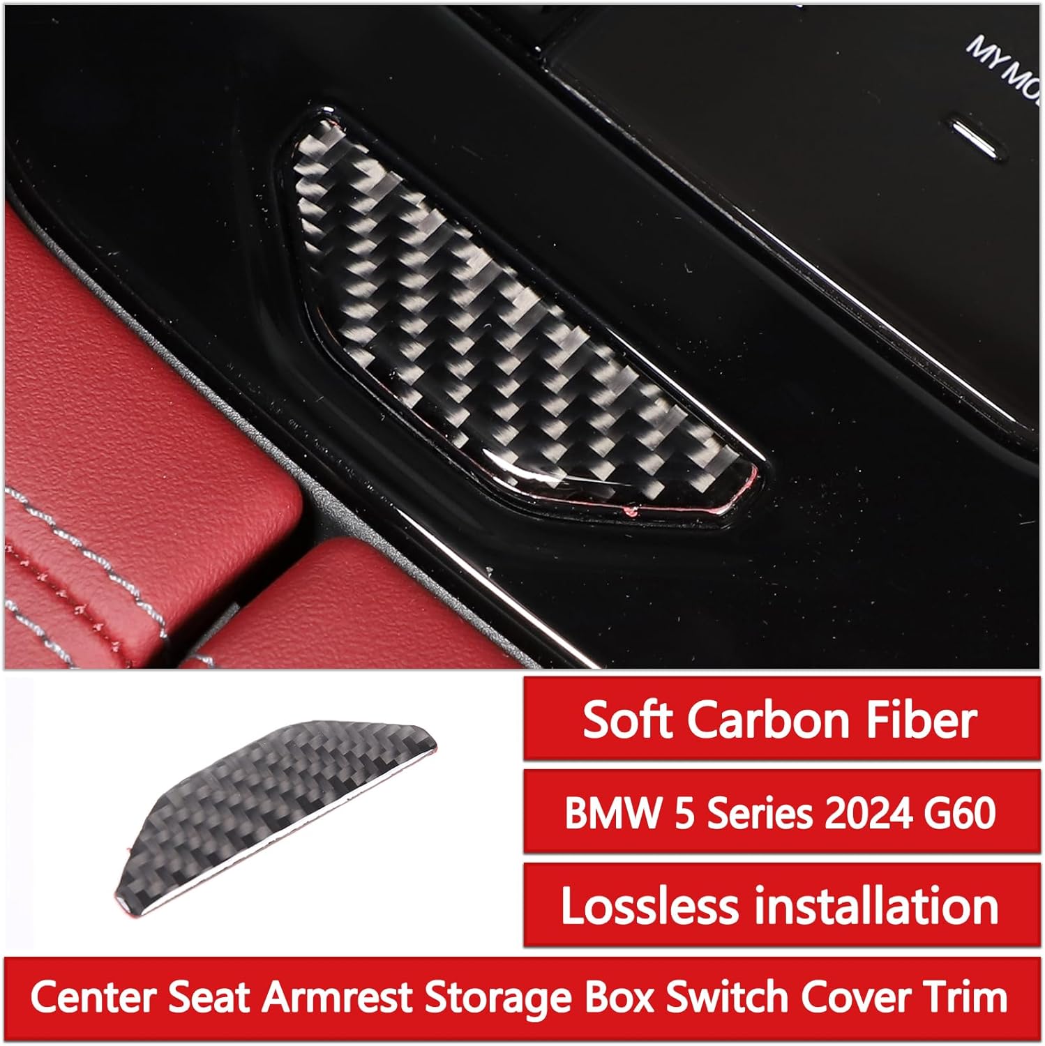 Center Armrest Storage Box Button Cover Trim Compatible with BMW 5 Series G60 2024,Carbon Fiber Center Console Seat Armrest Box Switch Protective Sticker Trim Accessories 1PCS (Black Carbon)