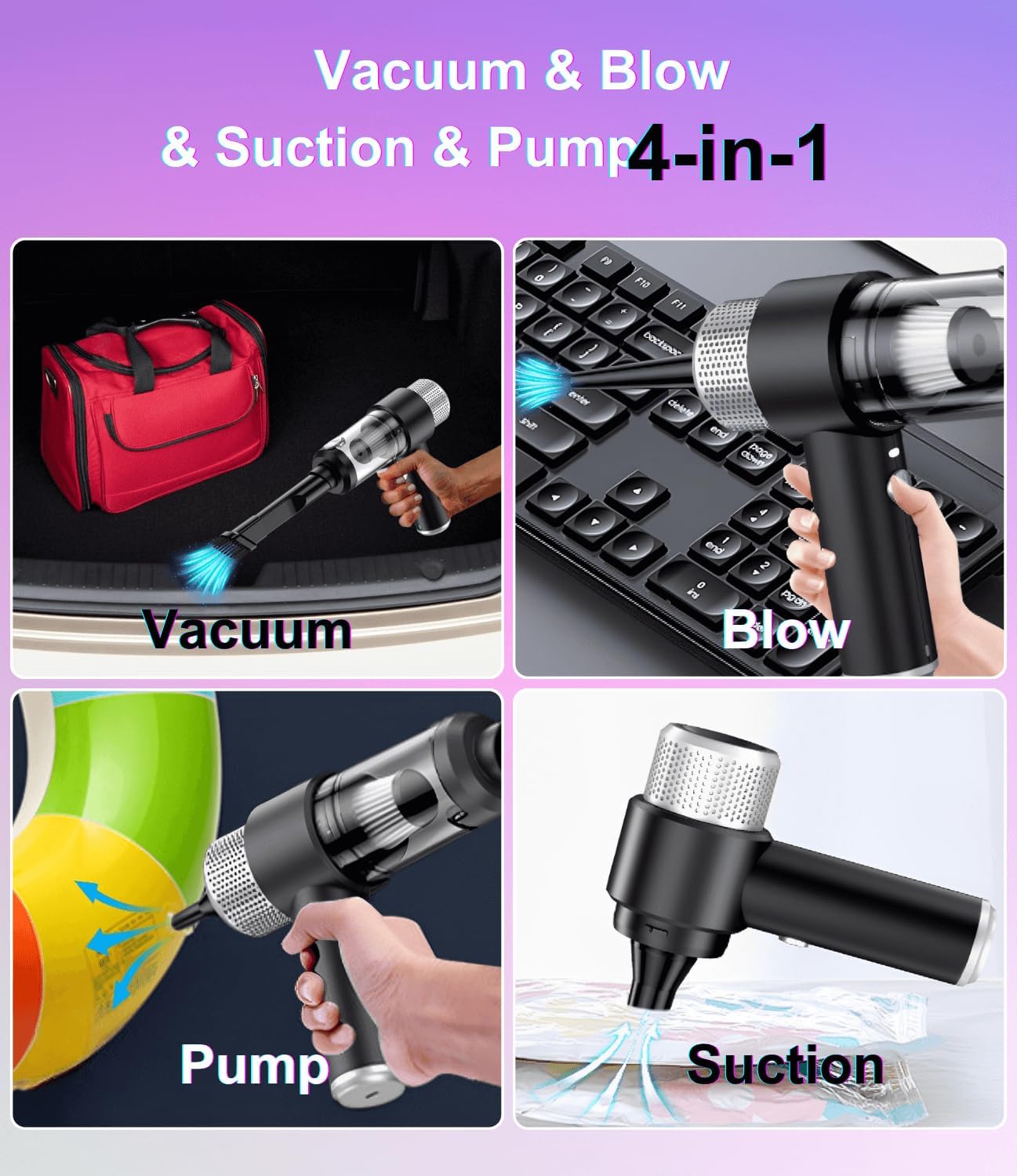 Car Vacuum Portable Cordless - 15000PA High Power Handheld Vacuum Cordless Rechargeable with LED Light & Air Duster 4 in 1, Low Noise Dust Buster Hand Vacuum for Car Home Pet Office