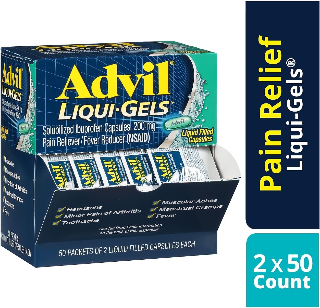 Advil Liqui-Gels Pain Reliever/Fever Reducer, Solubilized Ibuprofen 200mg, 2/Packet, 50 Packets/Box (016902)