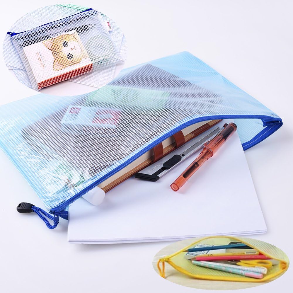 14 pcs Plastic Zip File Folders, AFUNTA 7 Sizes Waterproof Paper Document Zipper Mesh Bags PVC Storage Pouches - Yellow, White, Green, Blue