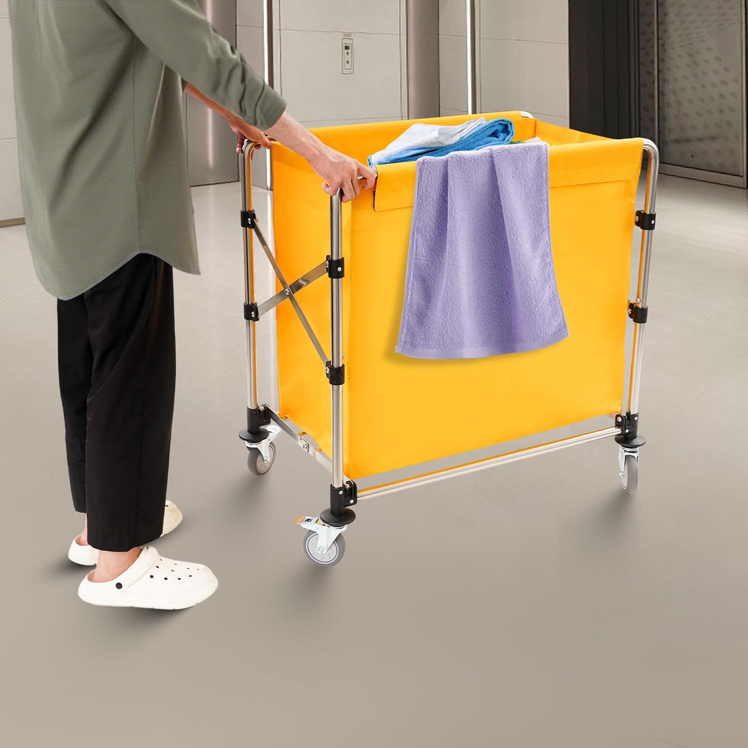 Commercial Laundry Cart with Wheels, 220lbs Capacity Heavy Duty Rolling Laundry Basket, Commercial Collapsible Laundry Hamper with Wheels for Hotels, Apartments, Warehouses(Yellow)