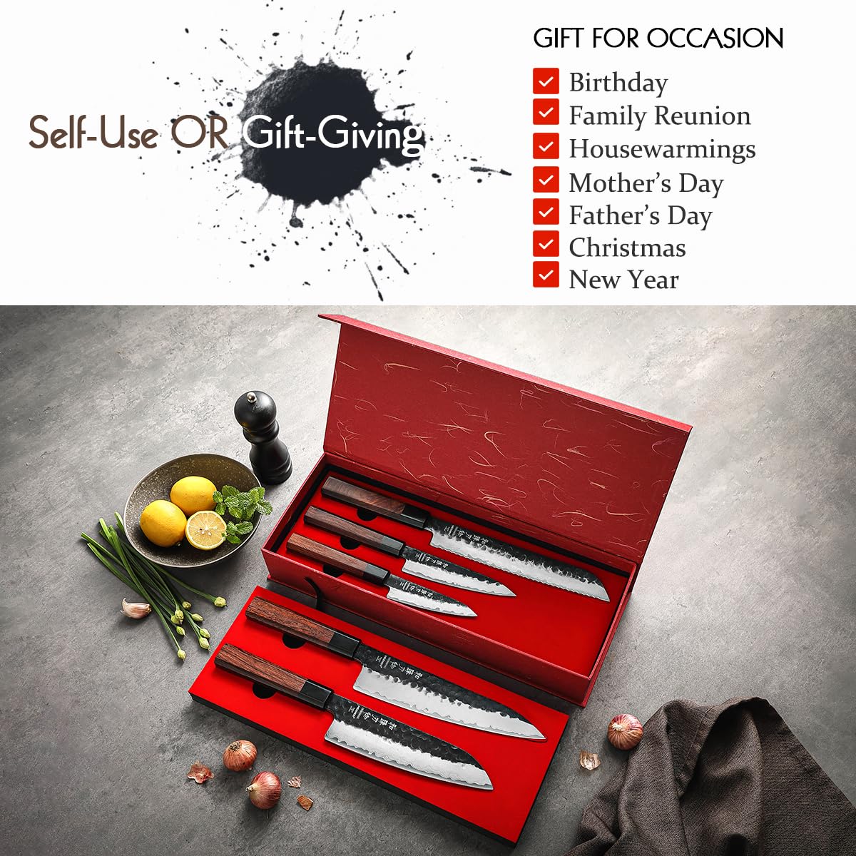 HEZHEN Juegos de Cuchillos de Cocina, Set Cuchillo de Cocina Profesional,Cuchillos de Cocinero Set, Mango Octogonal de Madera Roja