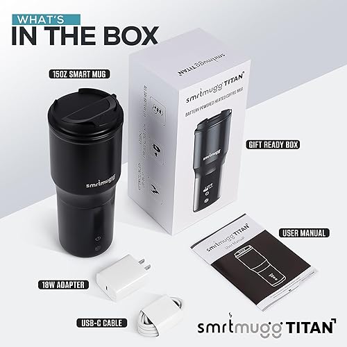 Miniatura 7 de TITAN - Taza de café calentada, 15 onzas. Batería de 15 horas de autocalentamiento, funciona con pilas, temperatura ajustable, pantalla LCD,