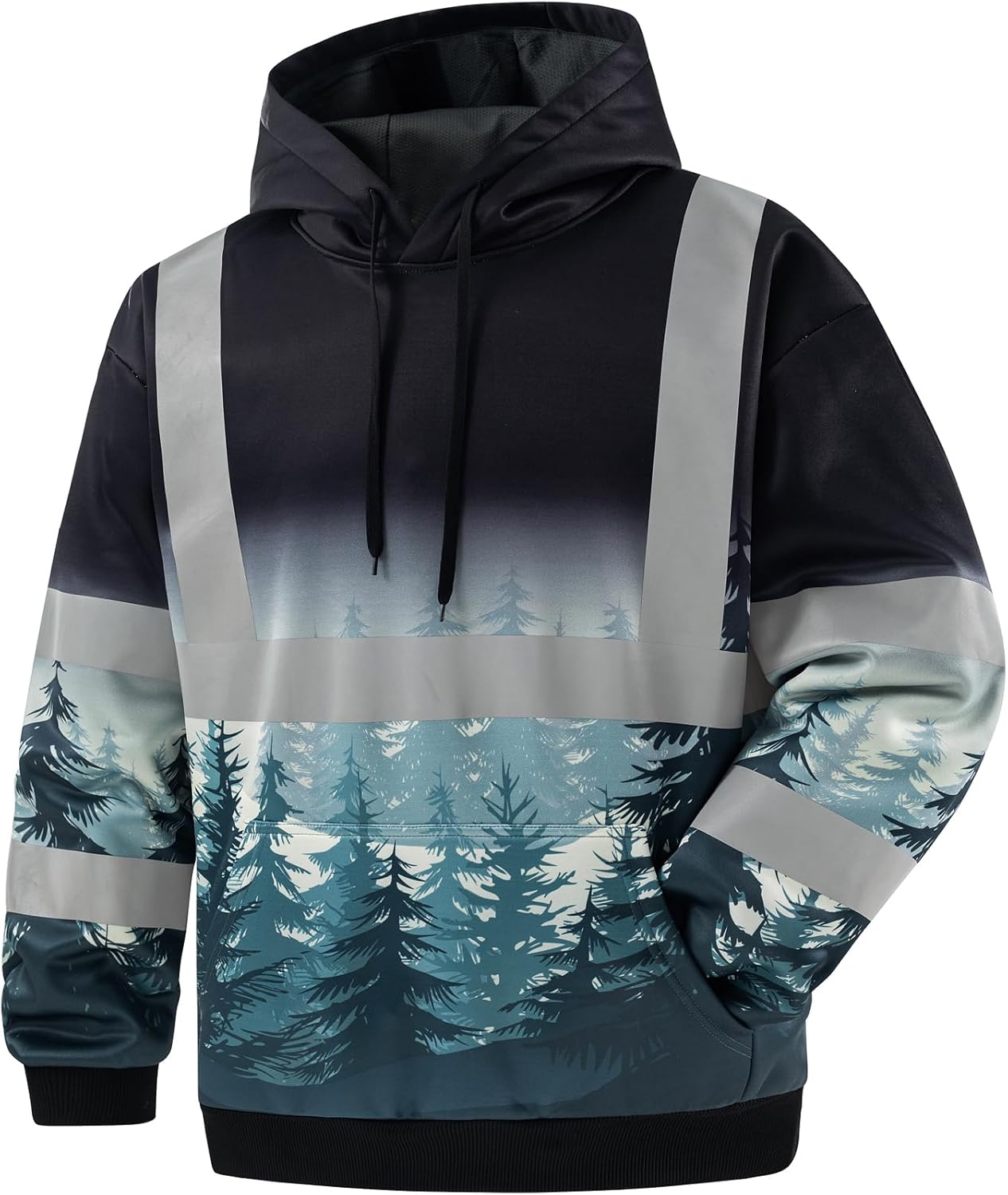 Hooded Jacket with Forest Print, Black and Teal, Full Zip, Reflective Stripes, Nature Theme