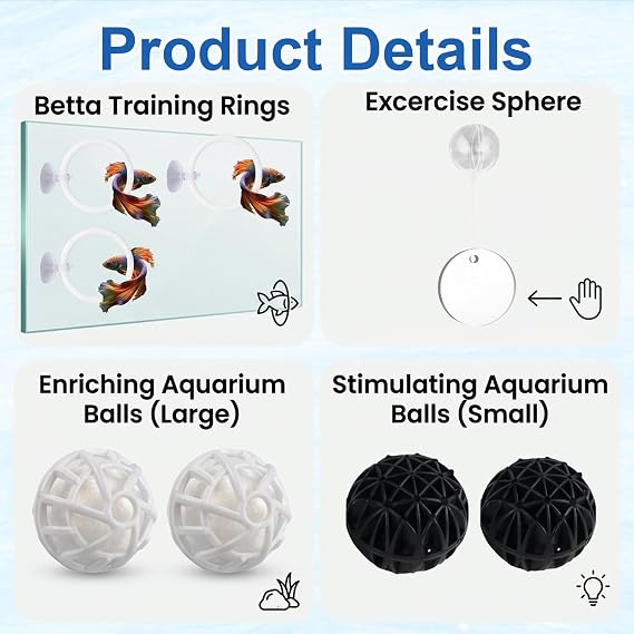 7-Piece Exercise Set for Betta Fish Training, Bettas Toys Set, Includes Betta Hide and Fishs Feeding Ring, for Small Tank, Aquarium Toys for Fish Training, Exercising, Turtle Enrichment(Clear)