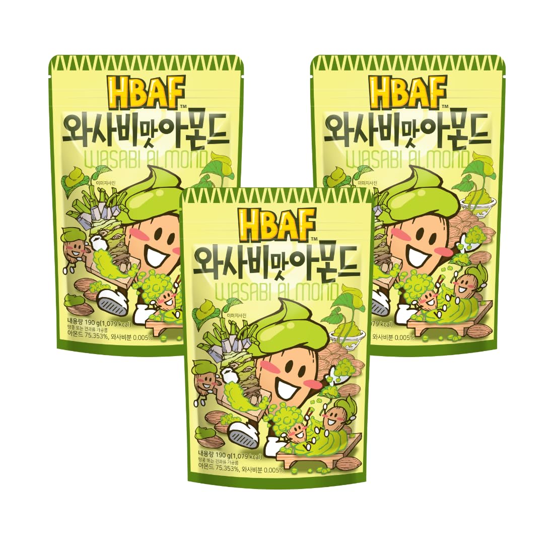 [HBAF] Korean Wasabi Almonds Nut Protein Snack | Nutritious & Gluten Free | After-School, Work, Office, Trip Camping Snack | Pre-workout Snack | Korean Sovenior (3x190gram)