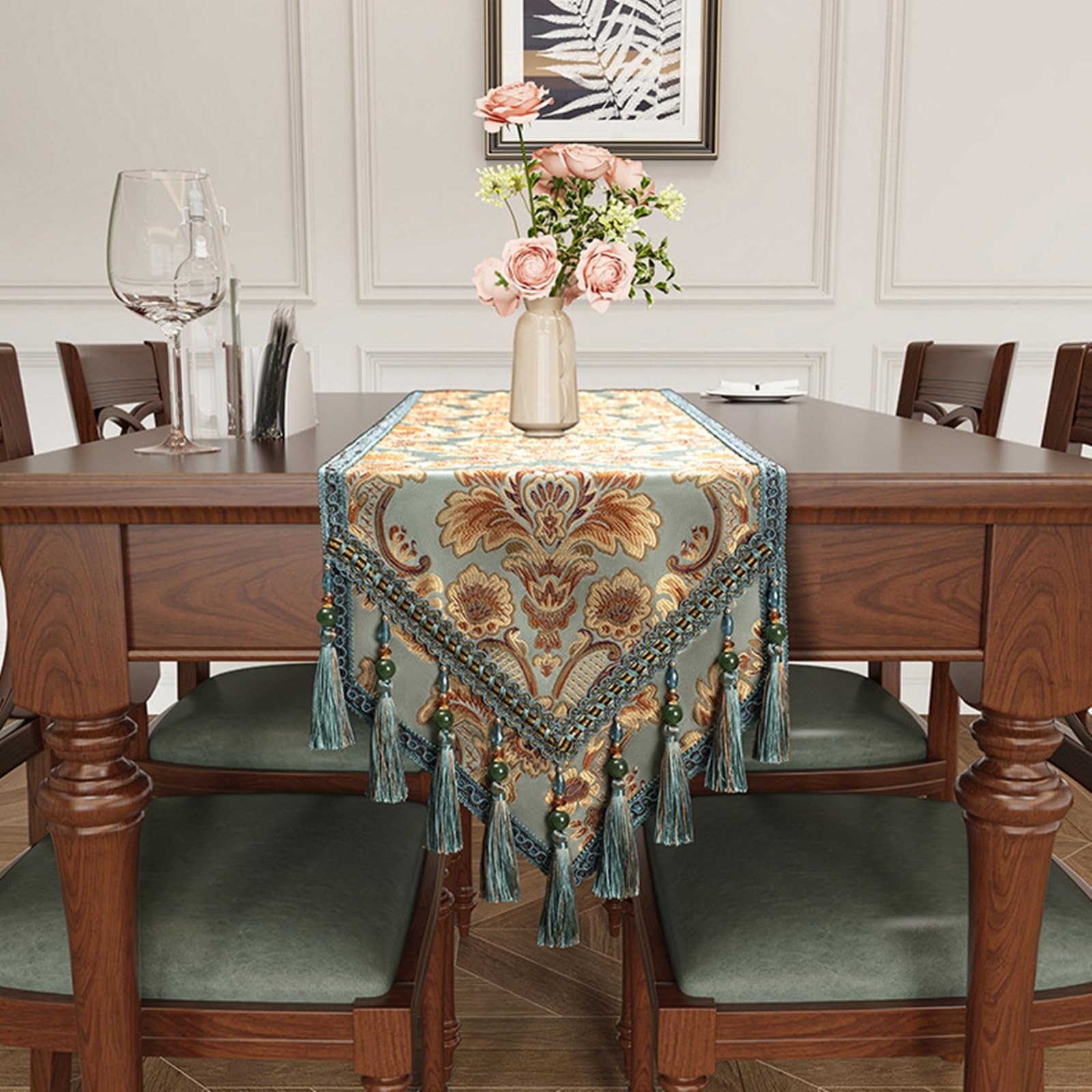 Tischläufer Landhausstil Polyester Leinen, Tischläufer Modern 35x260 cm, Nordisch Jacquard mit Floralem Muster und Quasten