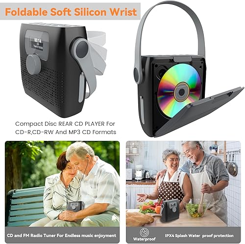 Miniatura 3 de MONODEAL Reproductor de CD portátil, reproductor de CD Bluetooth Boombox con altavoces, radio FM portátil (memoria favorita, LED, impermeable,