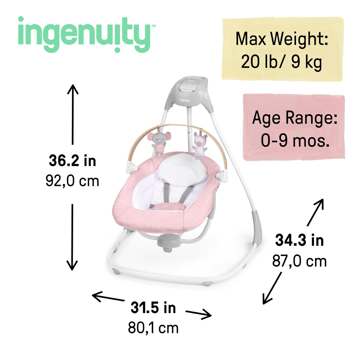 Ingenuity SimpleComfort Compact Baby Swing, Rotating Seat Swings in 3 Directions, 6 Speeds, 8 Melodies & 3 Nature Sounds, Ages 0-9 Months, Up to 20 Pounds - Pink