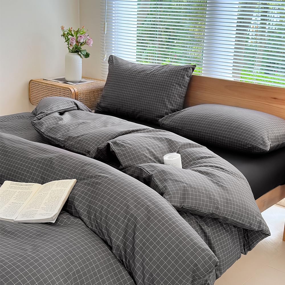 NSNLGSGC Double Duvet Cover Set, Plaid Duvet Cover Double Bed and 2 Pillowcases Bedding Set Easy Care 200 x 200 cm Dark Grey Grid
