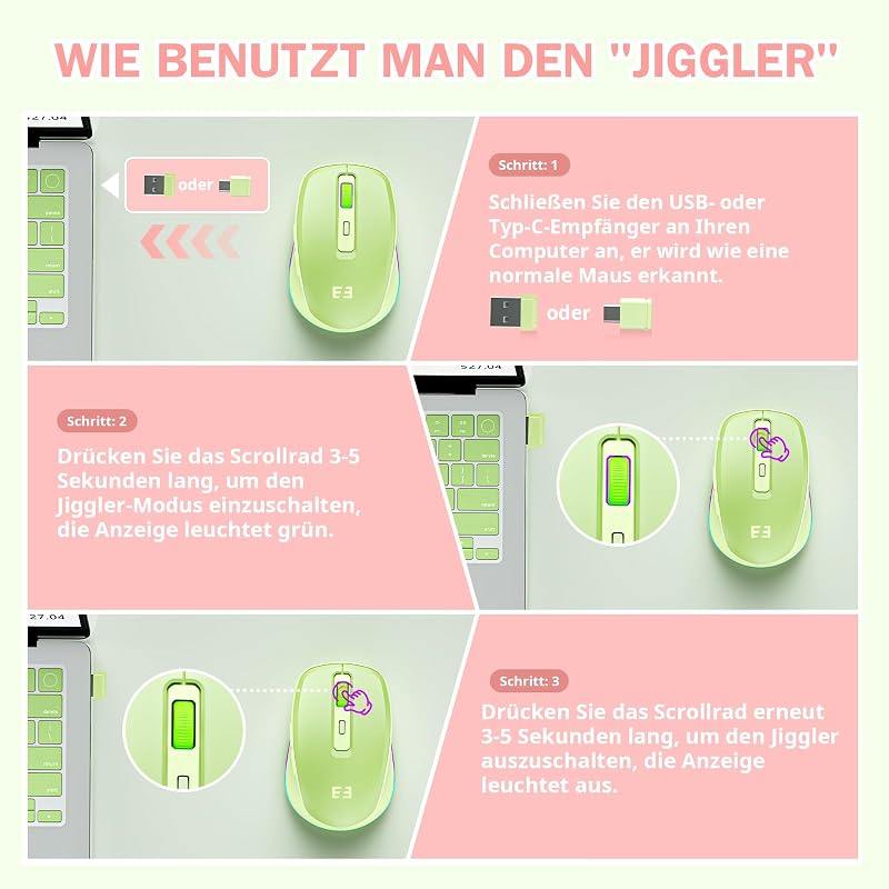 Seenda Vezeték Nélküli USB C Egér Jiggler Funkcióval - Újratölthető, Kettős Vevőegységgel, MacBook, Windows, Android Kompatibilis - Zöld