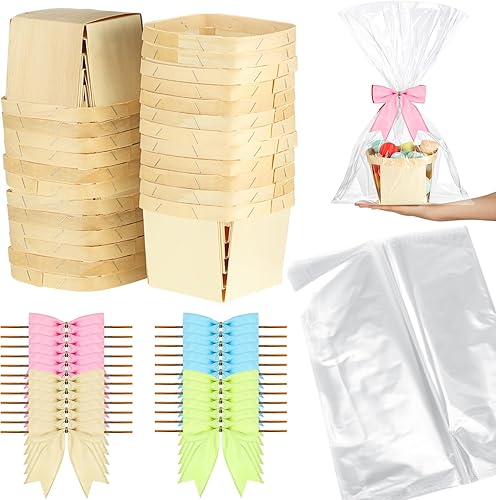 Miniatura 15 de Kigley Juego de 24 cestas de regalo de madera vacías pequeñas con bolsas de celofán, lazos, cesta para Pascua, bricolaje, recolección de frutas