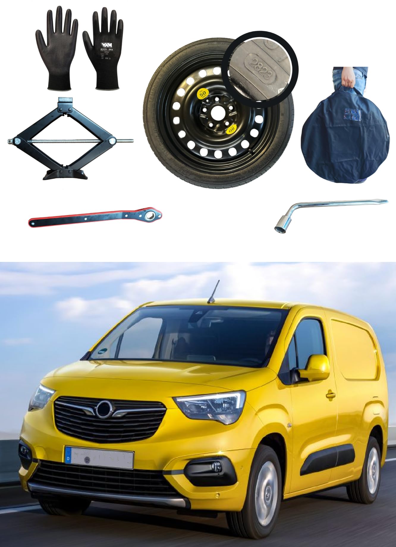 Ersatzrad-Set, 40,6 cm (16 Zoll), kompatibel mit Opel Combo (2012-2017) mit Wagenheber, Schlüssel, Handschuhe und Tasche