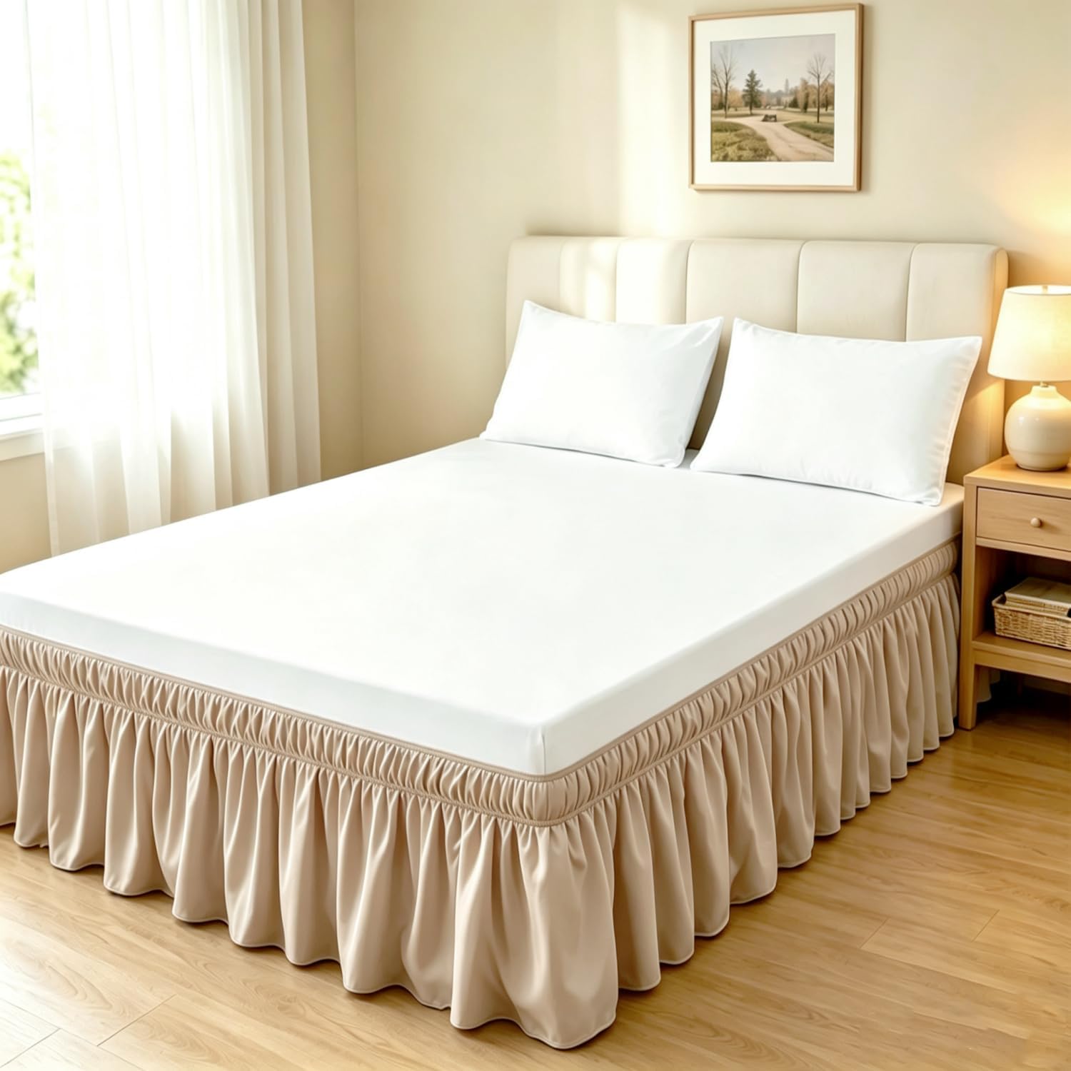 Elastic Bed Ruffle - Easy Wrap Around Ruffle - Microfiber Bed Skirt with Adjustable Elastic Belt 16 Inch Tailored Drop - Hotel Quality Bedskirt, Fade Resistant (White, Queen)