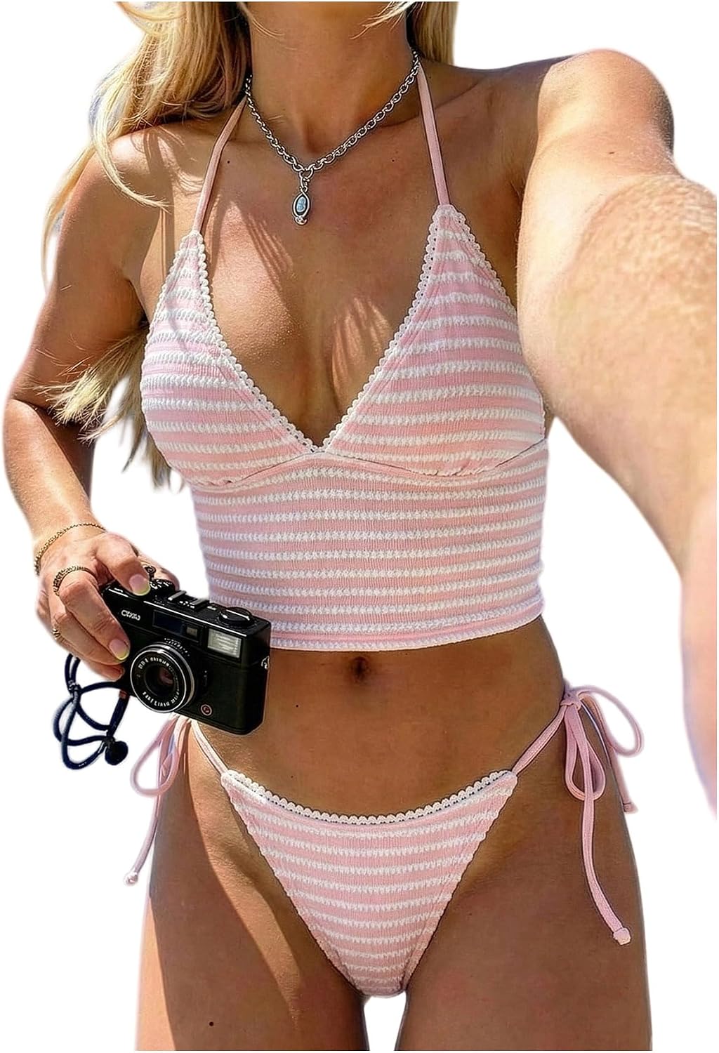 Verdusa Women's Halter Tankini Swimsuits 2 Piece Polka Dots Bikini Set Tie Backless Tops with Panty