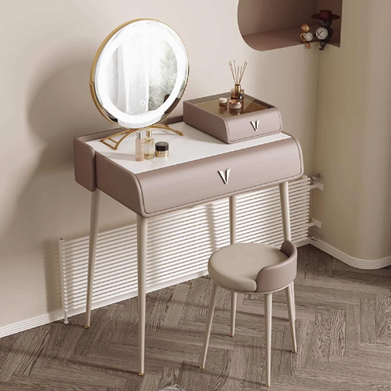 asdchZen 3-Color Illuminated Vanity Table With Mirror-Wooden Makeup Desk For Bedroom Stylish Dark Brown Finish Perfect For Makeup & Grooming Space-Saving Design