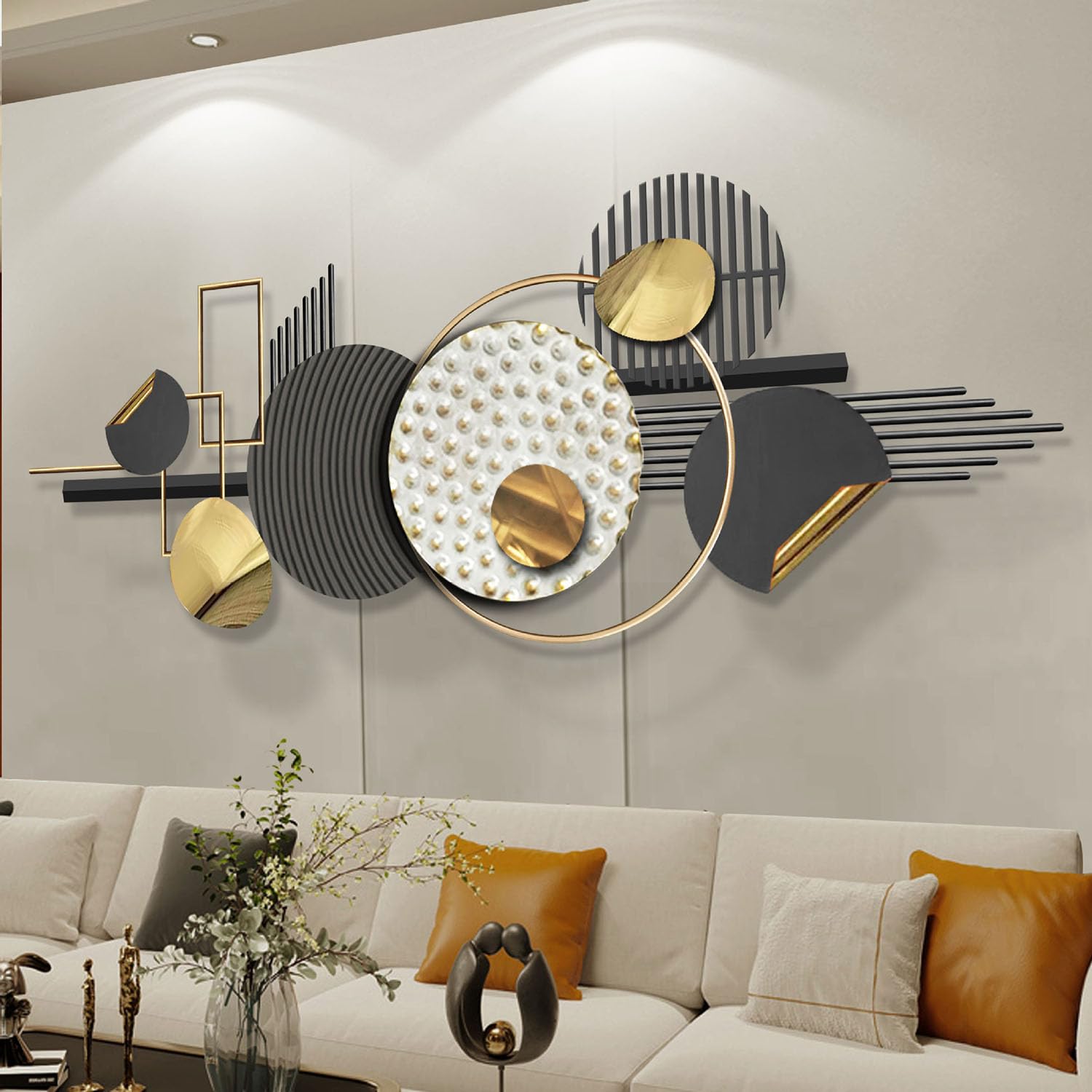 Decorazione da Parete in Metallo Grande da 50''x20'' per Soggiorno, Scultura da Parete Geometrica Astratta 3D Moderna di Lusso, Grande, Decorazione da Parete in Metallo Boho