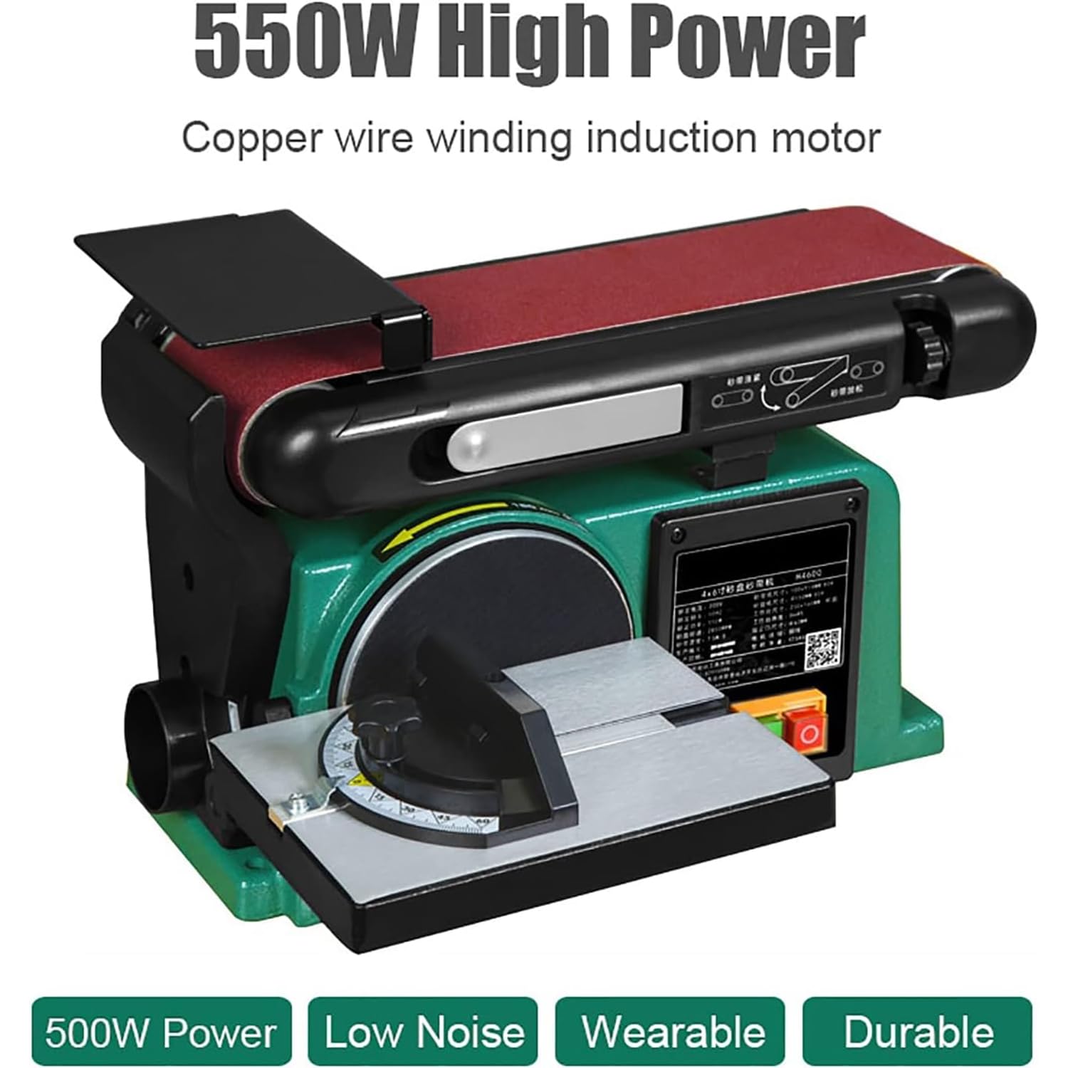Lijadora eléctrica de 550 W, correa abrasiva/disco abrasivo de 2850 rpm, banco de trabajo ajustable multiángulo, resistente para manualidades de madera, metal, molienda de piedra