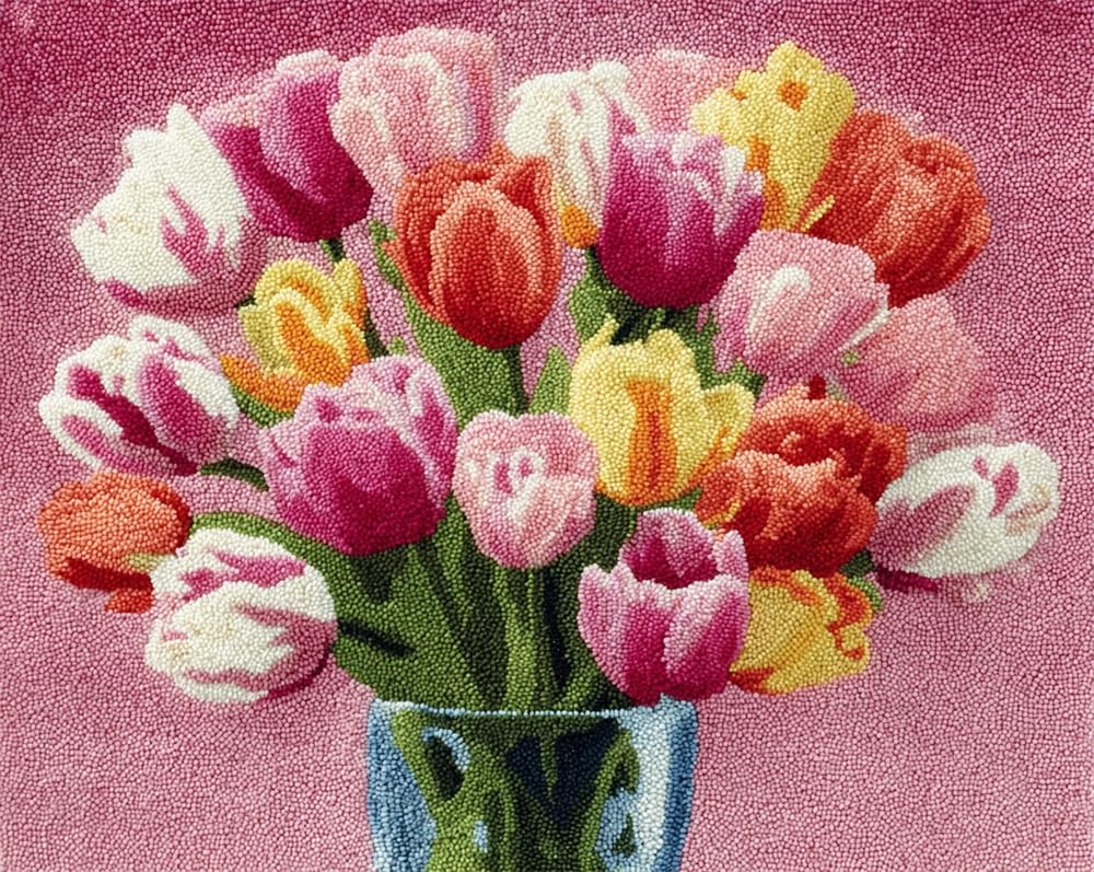 Kitquiver Rug Kits for Adults Latch Hook Pre Printed Pink Tulip Bouquet DIY Crochet Yarn Embroidery Handmade Needlework with Printed Canvas for Home Decoration 15X20In